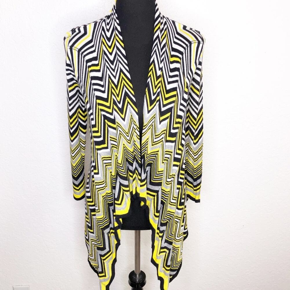 Cache black white yellow chevron knit open draped front cardigan size Small